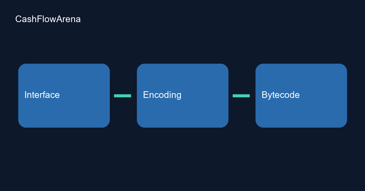 Diagrama: tres bloques azules con las etiquetas «Interface», «Encoding», «Bytecode», unidos por dos líneas verdes.