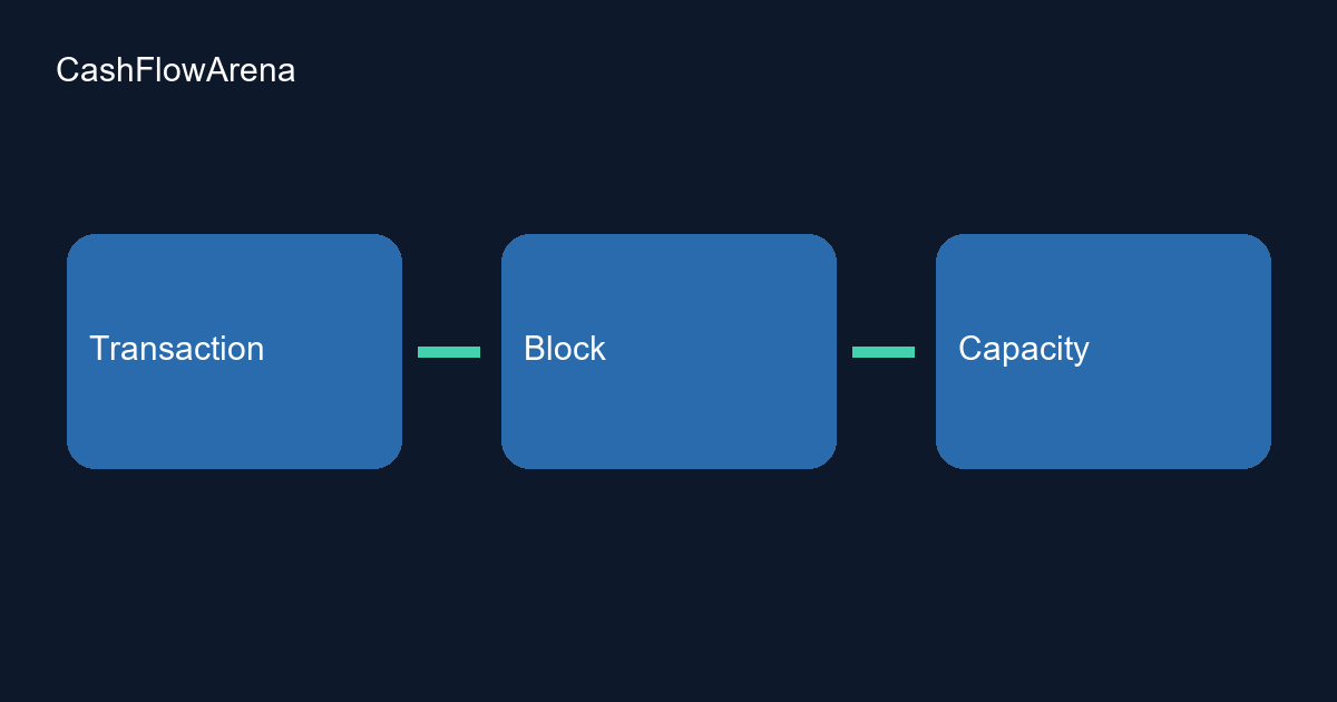 Диаграмма: три синих блока с надписями «Transaction», «Block», «Capacity», соединённые двумя зелёными линиями.