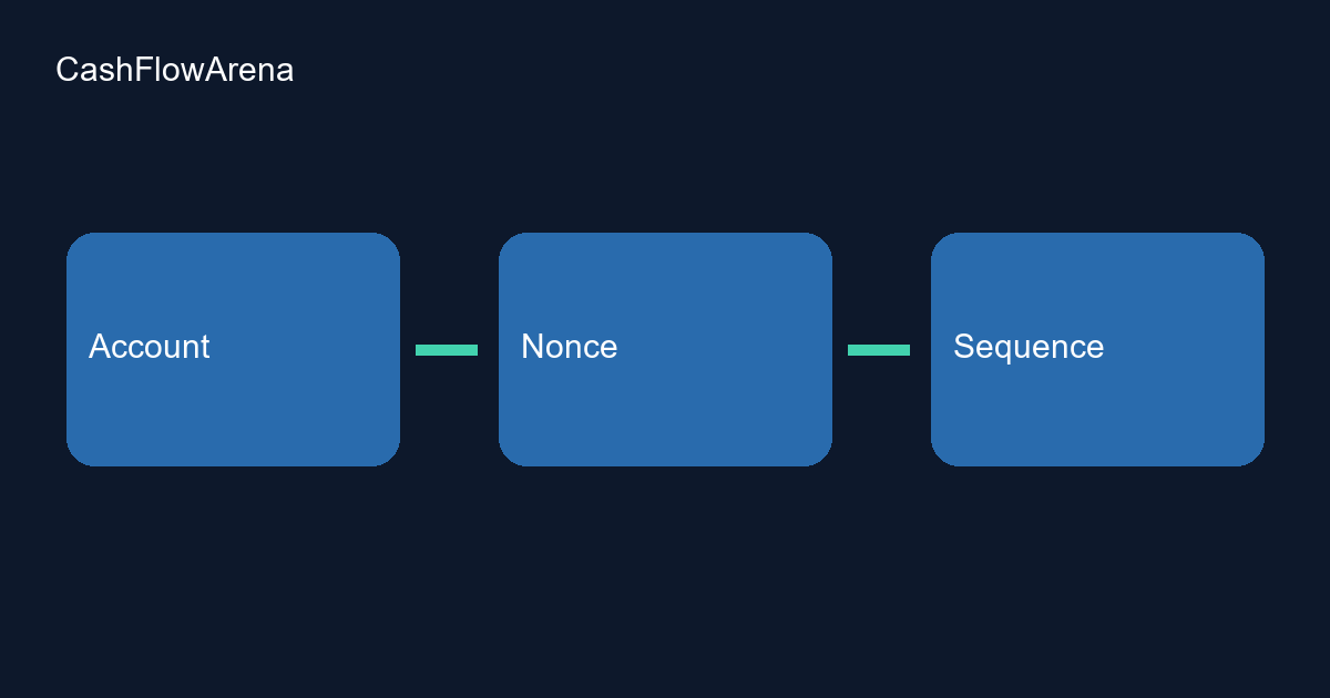 Diagrama: tres bloques azules con las etiquetas «Account», «Nonce», «Sequence», unidos por dos líneas verdes.