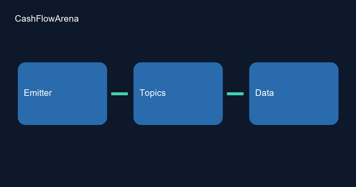 Diagram: three blue blocks labeled «Emitter», «Topics», «Data», connected by two green lines.