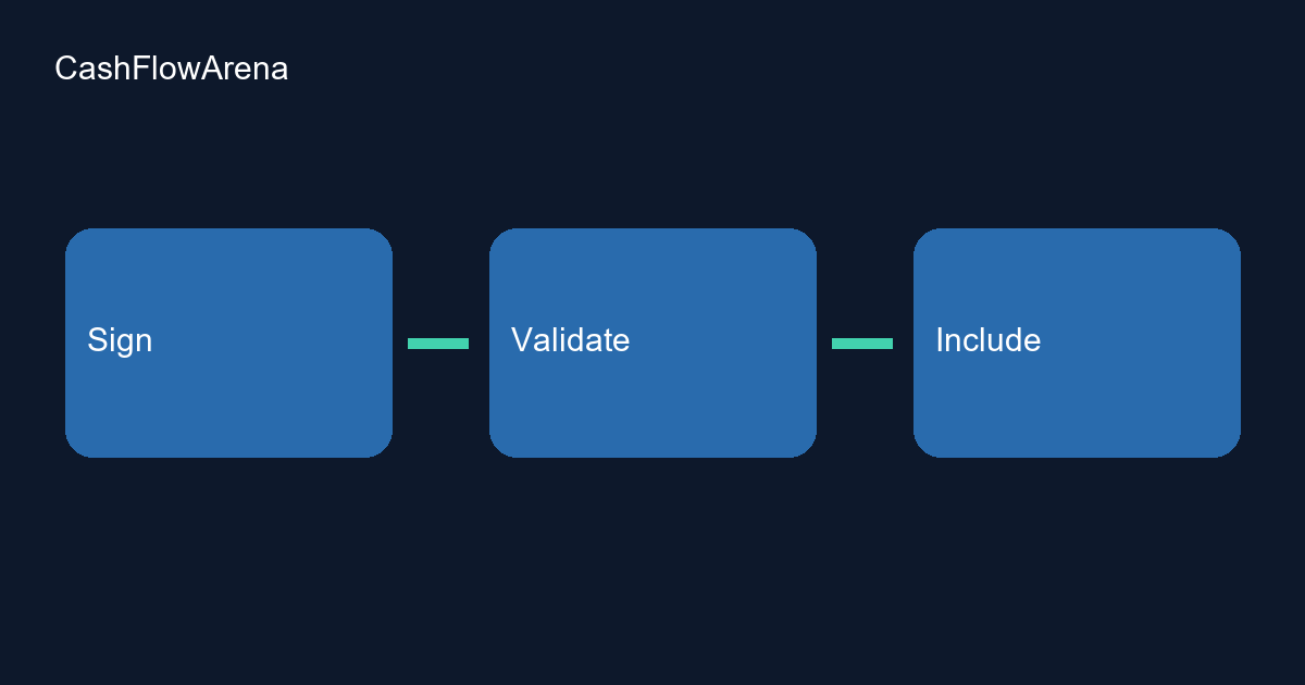 Diagrama: três blocos azuis com os rótulos «Sign», «Validate», «Include», conectados por duas linhas verdes.